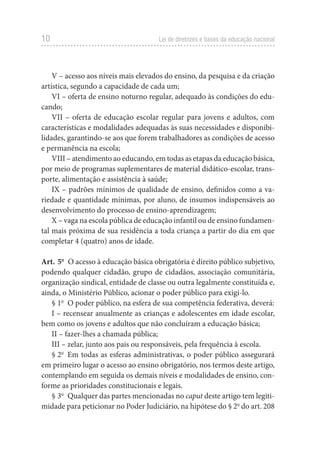 10 Lei de diretrizes e bases da educação nacional
V – acesso aos níveis mais elevados do ensino, da pesquisa e da criação
artística, segundo a capacidade de cada um;
VI – oferta de ensino noturno regular, adequado às condições do edu-
cando;
VII – oferta de educação escolar regular para jovens e adultos, com
características e modalidades adequadas às suas necessidades e disponibi-
lidades, garantindo-se aos que forem trabalhadores as condições de acesso
e permanência na escola;
VIII – atendimento ao educando, em todas as etapas da educação básica,
por meio de programas suplementares de material didático-escolar, trans-
porte, alimentação e assistência à saúde;
IX – padrões mínimos de qualidade de ensino, definidos como a va-
riedade e quantidade mínimas, por aluno, de insumos indispensáveis ao
desenvolvimento do processo de ensino-aprendizagem;
X – vaga na escola pública de educação infantil ou de ensino fundamen-
tal mais próxima de sua residência a toda criança a partir do dia em que
completar 4 (quatro) anos de idade.
Art. 5o
  O acesso à educação básica obrigatória é direito público subjetivo,
podendo qualquer cidadão, grupo de cidadãos, associação comunitária,
organização sindical, entidade de classe ou outra legalmente constituída e,
ainda, o Ministério Público, acionar o poder público para exigi-lo.
§ 1o
  O poder público, na esfera de sua competência federativa, deverá:
I – recensear anualmente as crianças e adolescentes em idade escolar,
bem como os jovens e adultos que não concluíram a educação básica;
II – fazer-lhes a chamada pública;
III – zelar, junto aos pais ou responsáveis, pela frequência à escola.
§ 2o
  Em todas as esferas administrativas, o poder público assegurará
em primeiro lugar o acesso ao ensino obrigatório, nos termos deste artigo,
contemplando em seguida os demais níveis e modalidades de ensino, con-
forme as prioridades constitucionais e legais.
§ 3o
  Qualquer das partes mencionadas no caput deste artigo tem legiti-
midade para peticionar no Poder Judiciário, na hipótese do § 2o
do art. 208
 