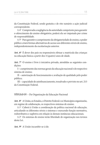 11
Lei no
 9.394/1996
da Constituição Federal, sendo gratuita e de rito sumário a ação judicial
correspondente.
§ 4o
  Comprovada a negligência da autoridade competente para garantir
o oferecimento do ensino obrigatório, poderá ela ser imputada por crime
de responsabilidade.
§ 5o
  Para garantir o cumprimento da obrigatoriedade de ensino, o poder
público criará formas alternativas de acesso aos diferentes níveis de ensino,
independentemente da escolarização anterior.
Art. 6o
  É dever dos pais ou responsáveis efetuar a matrícula das crianças
na educação básica a partir dos 4 (quatro) anos de idade.
Art. 7o
  O ensino é livre à iniciativa privada, atendidas as seguintes con-
dições:
I – cumprimento das normas gerais da educação nacional e do respectivo
sistema de ensino;
II – autorização de funcionamento e avaliação de qualidade pelo poder
público;
III – capacidade de autofinanciamento, ressalvado o previsto no art. 213
da Constituição Federal.
TÍTULO IV – Da Organização da Educação Nacional
Art. 8o
  A União, os Estados, o Distrito Federal e os Municípios organizarão,
em regime de colaboração, os respectivos sistemas de ensino.
§ 1o
  Caberá à União a coordenação da política nacional de educação,
articulando os diferentes níveis e sistemas e exercendo função normativa,
redistributiva e supletiva em relação às demais instâncias educacionais.
§ 2o
  Os sistemas de ensino terão liberdade de organização nos termos
desta Lei.
Art. 9o
  A União incumbir-se-á de:
 