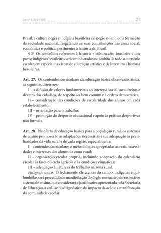 21
Lei no
 9.394/1996
Brasil, a cultura negra e indígena brasileira e o negro e o índio na formação
da sociedade nacional, resgatando as suas contribuições nas áreas social,
econômica e política, pertinentes à história do Brasil.
§ 2o
  Os conteúdos referentes à história e cultura afro-brasileira e dos
povos indígenas brasileiros serão ministrados no âmbito de todo o currículo
escolar, em especial nas áreas de educação artística e de literatura e história
brasileiras.
Art. 27.  Os conteúdos curriculares da educação básica observarão, ainda,
as seguintes diretrizes:
I – a difusão de valores fundamentais ao interesse social, aos direitos e
deveres dos cidadãos, de respeito ao bem comum e à ordem democrática;
II – consideração das condições de escolaridade dos alunos em cada
estabelecimento;
III – orientação para o trabalho;
IV – promoção do desporto educacional e apoio às práticas desportivas
não formais.
Art. 28.  Na oferta de educação básica para a população rural, os sistemas
de ensino promoverão as adaptações necessárias à sua adequação às pecu-
liaridades da vida rural e de cada região, especialmente:
I – conteúdos curriculares e metodologias apropriadas às reais necessi-
dades e interesses dos alunos da zona rural;
II – organização escolar própria, incluindo adequação do calendário
escolar às fases do ciclo agrícola e às condições climáticas;
III – adequação à natureza do trabalho na zona rural.
Parágrafo único.  O fechamento de escolas do campo, indígenas e qui-
lombolas será precedido de manifestação do órgão normativo do respectivo
sistema de ensino, que considerará a justificativa apresentada pela Secretaria
de Educação, a análise do diagnóstico do impacto da ação e a manifestação
da comunidade escolar.
 