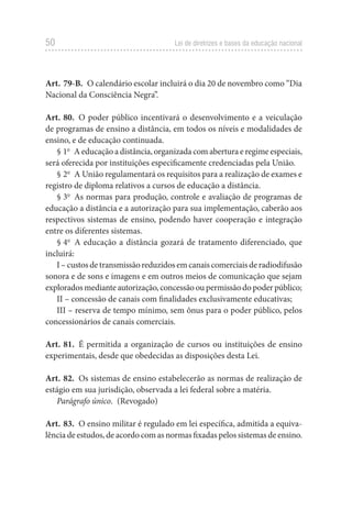 50 Lei de diretrizes e bases da educação nacional
Art. 79-B.  O calendário escolar incluirá o dia 20 de novembro como “Dia
Nacional da Consciência Negra”.
Art. 80.  O poder público incentivará o desenvolvimento e a veiculação
de programas de ensino a distância, em todos os níveis e modalidades de
ensino, e de educação continuada.
§ 1o
  A educação a distância, organizada com abertura e regime especiais,
será oferecida por instituições especificamente credenciadas pela União.
§ 2o
  A União regulamentará os requisitos para a realização de exames e
registro de diploma relativos a cursos de educação a distância.
§ 3o
  As normas para produção, controle e avaliação de programas de
educação a distância e a autorização para sua implementação, caberão aos
respectivos sistemas de ensino, podendo haver cooperação e integração
entre os diferentes sistemas.
§ 4o
  A educação a distância gozará de tratamento diferenciado, que
incluirá:
I – custos de transmissão reduzidos em canais comerciais de radiodifusão
sonora e de sons e imagens e em outros meios de comunicação que sejam
explorados mediante autorização, concessão ou permissão do poder público;
II – concessão de canais com finalidades exclusivamente educativas;
III – reserva de tempo mínimo, sem ônus para o poder público, pelos
concessionários de canais comerciais.
Art. 81.  É permitida a organização de cursos ou instituições de ensino
experimentais, desde que obedecidas as disposições desta Lei.
Art. 82.  Os sistemas de ensino estabelecerão as normas de realização de
estágio em sua jurisdição, observada a lei federal sobre a matéria.
Parágrafo único. (Revogado)
Art. 83.  O ensino militar é regulado em lei específica, admitida a equiva-
lência de estudos, de acordo com as normas fixadas pelos sistemas de ensino.
 