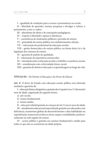 9
Lei no
9.394/1996
I – igualdade de condições para o acesso e permanência na escola;
II – liberdade de aprender, ensinar, pesquisar e divulgar a cultura, o
pensamento, a arte e o saber;
III – pluralismo de ideias e de concepções pedagógicas;
IV – respeito à liberdade e apreço à tolerância;
V – coexistência de instituições públicas e privadas de ensino;
VI – gratuidade do ensino público em estabelecimentos oficiais;
VII – valorização do profissional da educação escolar;
VIII – gestão democrática do ensino público, na forma desta Lei e da
legislação dos sistemas de ensino;
IX – garantia de padrão de qualidade;
X – valorização da experiência extraescolar;
XI – vinculação entre a educação escolar, o trabalho e as práticas sociais;
XII – consideração com a diversidade étnico-racial;
XIII – garantia do direito à educação e à aprendizagem ao longo da vida.
TÍTULO III – Do Direito à Educação e do Dever de Educar
Art. 4o
O dever do Estado com educação escolar pública será efetivado
mediante a garantia de:
I–educaçãobásicaobrigatóriaegratuitados4(quatro)aos17(dezessete)
anos de idade, organizada da seguinte forma:
a) pré-escola;
b) ensino fundamental;
c) ensino médio;
II – educação infantil gratuita às crianças de até 5 (cinco) anos de idade;
III – atendimento educacional especializado gratuito aos educandos com
deficiência, transtornos globais do desenvolvimento e altas habilidades ou
superdotação, transversal a todos os níveis, etapas e modalidades, preferen-
cialmente na rede regular de ensino;
IV – acesso público e gratuito aos ensinos fundamental e médio para
todos os que não os concluíram na idade própria;
 