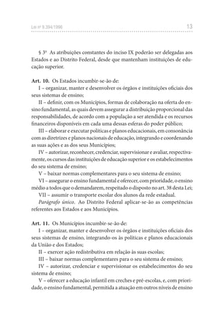 13
Lei no
9.394/1996
§ 3o
As atribuições constantes do inciso IX poderão ser delegadas aos
Estados e ao Distrito Federal, desde que mantenham instituições de edu-
cação superior.
Art. 10. Os Estados incumbir-se-ão de:
I – organizar, manter e desenvolver os órgãos e instituições oficiais dos
seus sistemas de ensino;
II – definir, com os Municípios, formas de colaboração na oferta do en-
sino fundamental, as quais devem assegurar a distribuição proporcional das
responsabilidades, de acordo com a população a ser atendida e os recursos
financeiros disponíveis em cada uma dessas esferas do poder público;
III – elaborar e executar políticas e planos educacionais, em consonância
com as diretrizes e planos nacionais de educação, integrando e coordenando
as suas ações e as dos seus Municípios;
IV – autorizar, reconhecer, credenciar, supervisionar e avaliar, respectiva-
mente, os cursos das instituições de educação superior e os estabelecimentos
do seu sistema de ensino;
V – baixar normas complementares para o seu sistema de ensino;
VI – assegurar o ensino fundamental e oferecer, com prioridade, o ensino
médio a todos que o demandarem, respeitado o disposto no art. 38 desta Lei;
VII – assumir o transporte escolar dos alunos da rede estadual.
Parágrafo único. Ao Distrito Federal aplicar-se-ão as competências
referentes aos Estados e aos Municípios.
Art. 11. Os Municípios incumbir-se-ão de:
I – organizar, manter e desenvolver os órgãos e instituições oficiais dos
seus sistemas de ensino, integrando-os às políticas e planos educacionais
da União e dos Estados;
II – exercer ação redistributiva em relação às suas escolas;
III – baixar normas complementares para o seu sistema de ensino;
IV – autorizar, credenciar e supervisionar os estabelecimentos do seu
sistema de ensino;
V – oferecer a educação infantil em creches e pré-escolas, e, com priori-
dade, o ensino fundamental, permitida a atuação em outros níveis de ensino
 