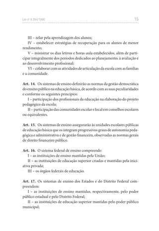 15
Lei no
9.394/1996
III – zelar pela aprendizagem dos alunos;
IV – estabelecer estratégias de recuperação para os alunos de menor
rendimento;
V – ministrar os dias letivos e horas-aula estabelecidos, além de parti-
cipar integralmente dos períodos dedicados ao planejamento, à avaliação e
ao desenvolvimento profissional;
VI – colaborar com as atividades de articulação da escola com as famílias
e a comunidade.
Art. 14. Os sistemas de ensino definirão as normas da gestão democrática
do ensino público na educação básica, de acordo com as suas peculiaridades
e conforme os seguintes princípios:
I – participação dos profissionais da educação na elaboração do projeto
pedagógico da escola;
II – participação das comunidades escolar e local em conselhos escolares
ou equivalentes.
Art. 15. Os sistemas de ensino assegurarão às unidades escolares públicas
de educação básica que os integram progressivos graus de autonomia peda-
gógica e administrativa e de gestão financeira, observadas as normas gerais
de direito financeiro público.
Art. 16. O sistema federal de ensino compreende:
I – as instituições de ensino mantidas pela União;
II – as instituições de educação superior criadas e mantidas pela inici-
ativa privada;
III – os órgãos federais de educação.
Art. 17. Os sistemas de ensino dos Estados e do Distrito Federal com-
preendem:
I – as instituições de ensino mantidas, respectivamente, pelo poder
público estadual e pelo Distrito Federal;
II – as instituições de educação superior mantidas pelo poder público
municipal;
 