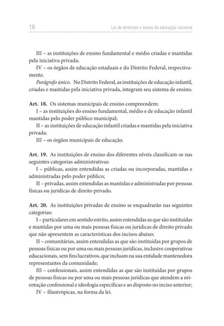 16 Lei de diretrizes e bases da educação nacional
III – as instituições de ensino fundamental e médio criadas e mantidas
pela iniciativa privada;
IV – os órgãos de educação estaduais e do Distrito Federal, respectiva-
mente.
Parágrafo único. No Distrito Federal, as instituições de educação infantil,
criadas e mantidas pela iniciativa privada, integram seu sistema de ensino.
Art. 18. Os sistemas municipais de ensino compreendem:
I – as instituições do ensino fundamental, médio e de educação infantil
mantidas pelo poder público municipal;
II – as instituições de educação infantil criadas e mantidas pela iniciativa
privada;
III – os órgãos municipais de educação.
Art. 19. As instituições de ensino dos diferentes níveis classificam-se nas
seguintes categorias administrativas:
I – públicas, assim entendidas as criadas ou incorporadas, mantidas e
administradas pelo poder público;
II – privadas, assim entendidas as mantidas e administradas por pessoas
físicas ou jurídicas de direito privado.
Art. 20. As instituições privadas de ensino se enquadrarão nas seguintes
categorias:
I – particulares em sentido estrito, assim entendidas as que são instituídas
e mantidas por uma ou mais pessoas físicas ou jurídicas de direito privado
que não apresentem as características dos incisos abaixo;
II – comunitárias, assim entendidas as que são instituídas por grupos de
pessoas físicas ou por uma ou mais pessoas jurídicas, inclusive cooperativas
educacionais, sem fins lucrativos, que incluam na sua entidade mantenedora
representantes da comunidade;
III – confessionais, assim entendidas as que são instituídas por grupos
de pessoas físicas ou por uma ou mais pessoas jurídicas que atendem a ori-
entação confessional e ideologia específicas e ao disposto no inciso anterior;
IV – filantrópicas, na forma da lei.
 