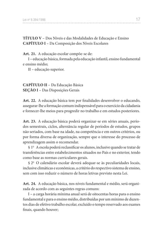 17
Lei no
9.394/1996
TÍTULO V – Dos Níveis e das Modalidades de Educação e Ensino
CAPÍTULO I – Da Composição dos Níveis Escolares
Art. 21. A educação escolar compõe-se de:
I – educação básica, formada pela educação infantil, ensino fundamental
e ensino médio;
II – educação superior.
CAPÍTULO II – Da Educação Básica
SEÇÃO I – Das Disposições Gerais
Art. 22. A educação básica tem por finalidades desenvolver o educando,
assegurar-lheaformaçãocomumindispensávelparaoexercíciodacidadania
e fornecer-lhe meios para progredir no trabalho e em estudos posteriores.
Art. 23. A educação básica poderá organizar-se em séries anuais, perío-
dos semestrais, ciclos, alternância regular de períodos de estudos, grupos
não seriados, com base na idade, na competência e em outros critérios, ou
por forma diversa de organização, sempre que o interesse do processo de
aprendizagem assim o recomendar.
§ 1o
A escola poderá reclassificar os alunos, inclusive quando se tratar de
transferências entre estabelecimentos situados no País e no exterior, tendo
como base as normas curriculares gerais.
§ 2o
O calendário escolar deverá adequar-se às peculiaridades locais,
inclusive climáticas e econômicas, a critério do respectivo sistema de ensino,
sem com isso reduzir o número de horas letivas previsto nesta Lei.
Art. 24. A educação básica, nos níveis fundamental e médio, será organi-
zada de acordo com as seguintes regras comuns:
I – a carga horária mínima anual será de oitocentas horas para o ensino
fundamental e para o ensino médio, distribuídas por um mínimo de duzen-
tos dias de efetivo trabalho escolar, excluído o tempo reservado aos exames
finais, quando houver;
 