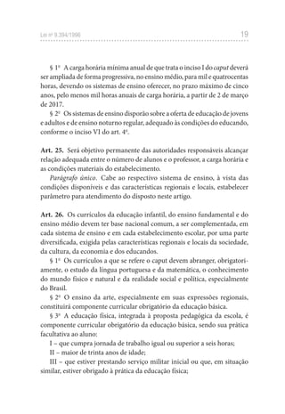 19
Lei no
9.394/1996
§ 1o
A carga horária mínima anual de que trata o inciso I docaput deverá
ser ampliada de forma progressiva, no ensino médio, para mil e quatrocentas
horas, devendo os sistemas de ensino oferecer, no prazo máximo de cinco
anos, pelo menos mil horas anuais de carga horária, a partir de 2 de março
de 2017.
§ 2o
Os sistemas de ensino disporão sobre a oferta de educação de jovens
e adultos e de ensino noturno regular, adequado às condições do educando,
conforme o inciso VI do art. 4o
.
Art. 25. Será objetivo permanente das autoridades responsáveis alcançar
relação adequada entre o número de alunos e o professor, a carga horária e
as condições materiais do estabelecimento.
Parágrafo único. Cabe ao respectivo sistema de ensino, à vista das
condições disponíveis e das características regionais e locais, estabelecer
parâmetro para atendimento do disposto neste artigo.
Art. 26. Os currículos da educação infantil, do ensino fundamental e do
ensino médio devem ter base nacional comum, a ser complementada, em
cada sistema de ensino e em cada estabelecimento escolar, por uma parte
diversificada, exigida pelas características regionais e locais da sociedade,
da cultura, da economia e dos educandos.
§ 1o
Os currículos a que se refere o caput devem abranger, obrigatori-
amente, o estudo da língua portuguesa e da matemática, o conhecimento
do mundo físico e natural e da realidade social e política, especialmente
do Brasil.
§ 2o
O ensino da arte, especialmente em suas expressões regionais,
constituirá componente curricular obrigatório da educação básica.
§ 3o
A educação física, integrada à proposta pedagógica da escola, é
componente curricular obrigatório da educação básica, sendo sua prática
facultativa ao aluno:
I – que cumpra jornada de trabalho igual ou superior a seis horas;
II – maior de trinta anos de idade;
III – que estiver prestando serviço militar inicial ou que, em situação
similar, estiver obrigado à prática da educação física;
 