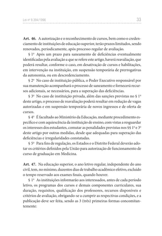 33
Lei no
9.394/1996
Art. 46. A autorização e o reconhecimento de cursos, bem como o creden-
ciamento de instituições de educação superior, terão prazos limitados, sendo
renovados, periodicamente, após processo regular de avaliação.
§ 1o
Após um prazo para saneamento de deficiências eventualmente
identificadas pela avaliação a que se refere este artigo, haverá reavaliação, que
poderá resultar, conforme o caso, em desativação de cursos e habilitações,
em intervenção na instituição, em suspensão temporária de prerrogativas
da autonomia, ou em descredenciamento.
§ 2o
No caso de instituição pública, o Poder Executivo responsável por
sua manutenção acompanhará o processo de saneamento e fornecerá recur-
sos adicionais, se necessários, para a superação das deficiências.
§ 3o
No caso de instituição privada, além das sanções previstas no § 1o
deste artigo, o processo de reavaliação poderá resultar em redução de vagas
autorizadas e em suspensão temporária de novos ingressos e de oferta de
cursos.
§ 4o
É facultado ao Ministério da Educação, mediante procedimento es-
pecífico e com aquiescência da instituição de ensino, com vistas a resguardar
os interesses dos estudantes, comutar as penalidades previstas nos §§ 1o
e 3o
deste artigo por outras medidas, desde que adequadas para superação das
deficiências e irregularidades constatadas.
§ 5o
Para fins de regulação, os Estados e o Distrito Federal deverão ado-
tar os critérios definidos pela União para autorização de funcionamento de
curso de graduação em Medicina.
Art. 47. Na educação superior, o ano letivo regular, independente do ano
civil, tem, no mínimo, duzentos dias de trabalho acadêmico efetivo, excluído
o tempo reservado aos exames finais, quando houver.
§ 1o
As instituições informarão aos interessados, antes de cada período
letivo, os programas dos cursos e demais componentes curriculares, sua
duração, requisitos, qualificação dos professores, recursos disponíveis e
critérios de avaliação, obrigando-se a cumprir as respectivas condições, e a
publicação deve ser feita, sendo as 3 (três) primeiras formas concomitan-
temente:
 