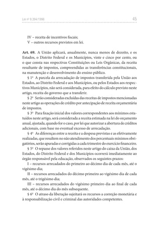 45
Lei no
9.394/1996
IV – receita de incentivos fiscais;
V – outros recursos previstos em lei.
Art. 69. A União aplicará, anualmente, nunca menos de dezoito, e os
Estados, o Distrito Federal e os Municípios, vinte e cinco por cento, ou
o que consta nas respectivas Constituições ou Leis Orgânicas, da receita
resultante de impostos, compreendidas as transferências constitucionais,
na manutenção e desenvolvimento do ensino público.
§ 1o
A parcela da arrecadação de impostos transferida pela União aos
Estados, ao Distrito Federal e aos Municípios, ou pelos Estados aos respec-
tivos Municípios, não será considerada, para efeito do cálculo previsto neste
artigo, receita do governo que a transferir.
§ 2o
Serão consideradas excluídas das receitas de impostos mencionadas
neste artigo as operações de crédito por antecipação de receita orçamentária
de impostos.
§ 3o
Para fixação inicial dos valores correspondentes aos mínimos esta-
tuídos neste artigo, será considerada a receita estimada na lei do orçamento
anual, ajustada, quando for o caso, por lei que autorizar a abertura de créditos
adicionais, com base no eventual excesso de arrecadação.
§ 4o
As diferenças entre a receita e a despesa previstas e as efetivamente
realizadas, que resultem no não atendimento dos percentuais mínimos obri-
gatórios, serão apuradas e corrigidas a cada trimestre do exercício financeiro.
§ 5o
O repasse dos valores referidos neste artigo do caixa da União, dos
Estados, do Distrito Federal e dos Municípios ocorrerá imediatamente ao
órgão responsável pela educação, observados os seguintes prazos:
I – recursos arrecadados do primeiro ao décimo dia de cada mês, até o
vigésimo dia;
II – recursos arrecadados do décimo primeiro ao vigésimo dia de cada
mês, até o trigésimo dia;
III – recursos arrecadados do vigésimo primeiro dia ao final de cada
mês, até o décimo dia do mês subsequente.
§ 6o
O atraso da liberação sujeitará os recursos a correção monetária e
à responsabilização civil e criminal das autoridades competentes.
 