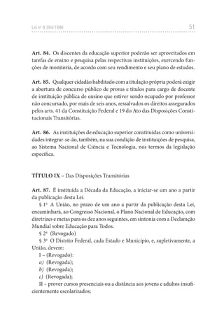 51
Lei no
9.394/1996
Art. 84. Os discentes da educação superior poderão ser aproveitados em
tarefas de ensino e pesquisa pelas respectivas instituições, exercendo fun-
ções de monitoria, de acordo com seu rendimento e seu plano de estudos.
Art. 85. Qualquer cidadão habilitado com a titulação própria poderá exigir
a abertura de concurso público de provas e títulos para cargo de docente
de instituição pública de ensino que estiver sendo ocupado por professor
não concursado, por mais de seis anos, ressalvados os direitos assegurados
pelos arts. 41 da Constituição Federal e 19 do Ato das Disposições Consti-
tucionais Transitórias.
Art. 86. As instituições de educação superior constituídas como universi-
dades integrar-se-ão, também, na sua condição de instituições de pesquisa,
ao Sistema Nacional de Ciência e Tecnologia, nos termos da legislação
específica.
TÍTULO IX – Das Disposições Transitórias
Art. 87. É instituída a Década da Educação, a iniciar-se um ano a partir
da publicação desta Lei.
§ 1o
A União, no prazo de um ano a partir da publicação desta Lei,
encaminhará, ao Congresso Nacional, o Plano Nacional de Educação, com
diretrizes e metas para os dez anos seguintes, em sintonia com a Declaração
Mundial sobre Educação para Todos.
§ 2o
(Revogado)
§ 3o
O Distrito Federal, cada Estado e Município, e, supletivamente, a
União, devem:
I – (Revogado):
a) (Revogada);
b) (Revogada);
c) (Revogada);
II – prover cursos presenciais ou a distância aos jovens e adultos insufi-
cientemente escolarizados;
 