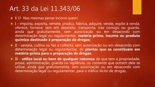 Art. 33 da Lei 11.343/06
 § 1o Nas mesmas penas incorre quem:
 I - importa, exporta, remete, produz, fabrica, adquire, vende, expõe à venda,
oferece, fornece, tem em depósito, transporta, traz consigo ou guarda,
ainda que gratuitamente, sem autorização ou em desacordo com
determinação legal ou regulamentar, matéria-prima, insumo ou produto
químico destinado à preparação de drogas;
 II - semeia, cultiva ou faz a colheita, sem autorização ou em desacordo com
determinação legal ou regulamentar, de plantas que se constituam em
matéria-prima para a preparação de drogas;
 III - utiliza local ou bem de qualquer natureza de que tem a propriedade,
posse, administração, guarda ou vigilância, ou consente que outrem dele se
utilize, ainda que gratuitamente, sem autorização ou em desacordo com
determinação legal ou regulamentar, para o tráfico ilícito de drogas.
 