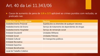 Art. 40 da Lei 11.343/06
 Causa de aumento de pena de 1/6 a 2/3 aplicável ao crimes punidos com reclusão, se
praticado nas:
Imediações ou dependências Recinto
Estabelecimento Prisional Espetáculos ou diversões de qualquer natureza
Estabelecimento de Ensino Serviço de tratamento de dependentes de drogas
Estabelecimento Hospitalar Serviço de reinserção social
Entidade Estudantil Unidades Militares
Entidade Social Unidades Policiais
Entidade Cultural Em transportes públicos
Entidade Recreativa
Entidade Esportiva
Entidade Beneficentes
Local de Trabalho Coletivo
 