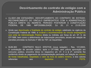 Desvirtuamento do contrato de estágio com a Administração PúblicaOJ-SDI1-366 ESTAGIÁRIO. DESVIRTUAMENTO DO CONTRATO DE ESTÁGIO. RECONHECIMENTO DO VÍNCULO EMPREGATÍCIO COM A ADMINISTRAÇÃO PÚBLICA DIRETA OU INDIRETA. PERÍODO POSTERIOR À CONSTITUIÇÃO FEDERAL DE 1988. IMPOSSIBILIDADE. DJ 20, 21 e 23.05.2008Ainda que desvirtuada a finalidade do contrato de estágio celebrado na vigência da Constituição Federal de 1988, é inviável o reconhecimento do vínculo empregatício com ente da Administração Pública direta ou indireta, por força do art. 37, II, da CF/1988, bem como o deferimento de indenização pecuniária, exceto em relação às parcelas previstas na Súmula nº 363 do TST, se requeridas.SUM-363    CONTRATO NULO. EFEITOS (nova redação) - Res. 121/2003, A contratação de servidor público, após a CF/1988, sem prévia aprovação em concurso público, encontra óbice no respectivo art. 37, II e § 2º, somente lhe conferindo direito ao pagamento da contraprestação pactuada, em relação ao número de horas trabalhadas, respeitado o valor da hora do salário mínimo, e dos valores referentes aos depósitos do FGTS.
