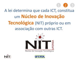 A lei determina que cada ICT, constitua
um Núcleo de Inovação
Tecnológica (NIT) próprio ou em
associação com outras ICT.
1 2 3
 