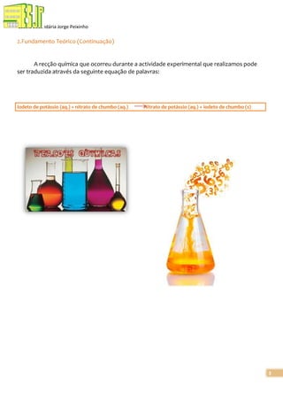 Escola Secundária Jorge Peixinho

2.Fundamento Teórico (Continuação)

A recção química que ocorreu durante a actividade experimental que realizamos pode
ser traduzida através da seguinte equação de palavras:

Iodeto de potássio (aq.) + nitrato de chumbo (aq.)

Nitrato de potássio (aq.) + iodeto de chumbo (s)

3

 