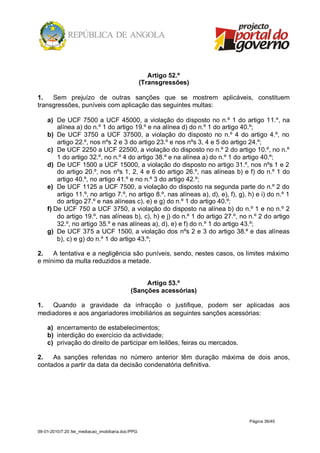 Artigo 52.º
                                                    (Transgressões)

1.   Sem prejuízo de outras sanções que se mostrem aplicáveis, constituem
transgressões, puníveis com aplicação das seguintes multas:

    a) De UCF 7500 a UCF 45000, a violação do disposto no n.º 1 do artigo 11.º, na
        alínea a) do n.º 1 do artigo 19.º e na alínea d) do n.º 1 do artigo 40.º;
    b) De UCF 3750 a UCF 37500, a violação do disposto no n.º 4 do artigo 4.º, no
        artigo 22.º, nos nºs 2 e 3 do artigo 23.º e nos nºs 3, 4 e 5 do artigo 24.º;
    c) De UCF 2250 a UCF 22500, a violação do disposto no n.º 2 do artigo 10.º, no n.º
        1 do artigo 32.º, no n.º 4 do artigo 38.º e na alínea a) do n.º 1 do artigo 40.º;
    d) De UCF 1500 a UCF 15000, a violação do disposto no artigo 31.º, nos nºs 1 e 2
        do artigo 20.º, nos nºs 1, 2, 4 e 6 do artigo 26.º, nas alíneas b) e f) do n.º 1 do
        artigo 40.º, no artigo 41.º e no n.º 3 do artigo 42.º;
    e) De UCF 1125 a UCF 7500, a violação do disposto na segunda parte do n.º 2 do
        artigo 11.º, no artigo 7.º, no artigo 8.º, nas alíneas a), d), e), f), g), h) e i) do n.º 1
        do artigo 27.º e nas alíneas c), e) e g) do n.º 1 do artigo 40.º;
    f) De UCF 750 a UCF 3750, a violação do disposto na alínea b) do n.º 1 e no n.º 2
        do artigo 19.º, nas alíneas b), c), h) e j) do n.º 1 do artigo 27.º, no n.º 2 do artigo
        32.º, no artigo 35.º e nas alíneas a), d), e) e f) do n.º 1 do artigo 43.º;
    g) De UCF 375 a UCF 1500, a violação dos nºs 2 e 3 do artigo 38.º e das alíneas
        b), c) e g) do n.º 1 do artigo 43.º;

2.   A tentativa e a negligência são puníveis, sendo, nestes casos, os limites máximo
e mínimo da multa reduzidos a metade.


                                                  Artigo 53.º
                                             (Sanções acessórias)

1.  Quando a gravidade da infracção o justifique, podem ser aplicadas aos
mediadores e aos angariadores imobiliários as seguintes sanções acessórias:

    a) encerramento de estabelecimentos;
    b) interdição do exercício da actividade;
    c) privação do direito de participar em leilões, feiras ou mercados.

2.   As sanções referidas no número anterior têm duração máxima de dois anos,
contados a partir da data da decisão condenatória definitiva.




                                                                                   Página 36/40

09-01-2010/7:20 /lei_mediacao_imobiliaria.doc/PPG
 