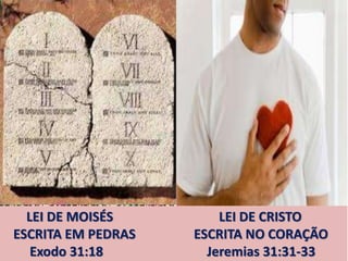 LEI DE MOISÉS LEI DE CRISTO
ESCRITA EM PEDRAS ESCRITA NO CORAÇÃO
Exodo 31:18 Jeremias 31:31-33
 