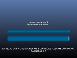 vamos pensar em 2
                 condutores metálicos .




EM QUAL DOS CONDUTORES OS ELECTRÕES PASSAM COM MAIOR
                    FACILIDADE ?
 