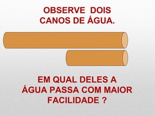OBSERVE DOIS
CANOS DE ÁGUA.
EM QUAL DELES A
ÁGUA PASSA COM MAIOR
FACILIDADE ?
 