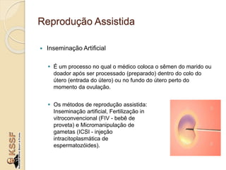 Reprodução Assistida
 Inseminação Artificial
 É um processo no qual o médico coloca o sêmen do marido ou
doador após ser processado (preparado) dentro do colo do
útero (entrada do útero) ou no fundo do útero perto do
momento da ovulação.
 Os métodos de reprodução assistida:
Inseminação artificial, Fertilização in
vitroconvencional (FIV - bebê de
proveta) e Micromanipulação de
gametas (ICSI - injeção
intracitoplasmática de
espermatozóides).
 