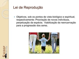 Lei de Reprodução
 Objetivos, sob os pontos de vista biológico e espiritual,
respectivamente: Procriação de novos indivíduos,
perpetuação da espécie; Viabilização da reencarnação
para a progressão dos seres.
 