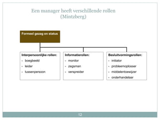 Interpersoonlijke rollen:
- boegbeeld
- leider
- tussenpersoon
Informatierollen:
- monitor
- zegsman
- verspreider
Besluitvormingsrollen:
- initiator
- probleemoplosser
- middelentoewijzer
- onderhandelaar
12
Een manager heeft verschillende rollen
(Mintzberg)
Formeel gezag en status
 