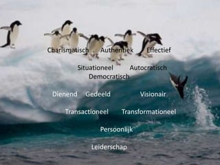 Charismatisch

Authentiek

Effectief

Situationeel
Autocratisch
Democratisch
Dienend

Gedeeld

Transactioneel

Visionair

Transformationeel

Persoonlijk

Leiderschap

 