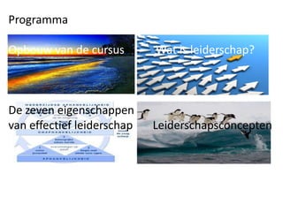 Programma

Opbouw van de cursus

Wat is leiderschap?

De zeven eigenschappen
van effectief leiderschap

Leiderschapsconcepten

 