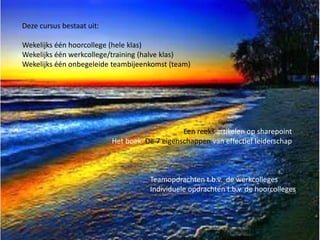 Deze cursus bestaat uit:
Wekelijks één hoorcollege (hele klas)
Wekelijks één werkcollege/training (halve klas)
Wekelijks één onbegeleide teambijeenkomst (team)

Een reeks artikelen op sharepoint
Het boek ‘De 7 eigenschappen van effectief leiderschap

Teamopdrachten t.b.v. de werkcolleges
Individuele opdrachten t.b.v. de hoorcolleges

 