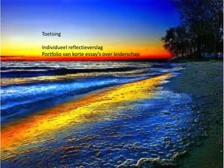 Toetsing
Individueel reflectieverslag
Portfolio van korte essay’s over leiderschap

 