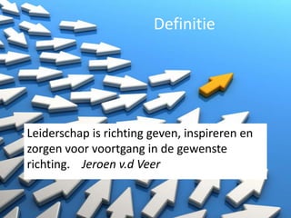 Definitie

Leiderschap is richting geven, inspireren en
zorgen voor voortgang in de gewenste
richting. Jeroen v.d Veer

 