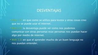 DESVENTAJAS
• Web 1.0: en que como se utiliza para textos y otras cosas creo
que no se puede usar el internet.
• Web 2.0: la desventaja puede ser como nos podemos
comunicar con otras personas esas personas nos puedan hacer
algo por medio de internet.
• Web 3.0: en que el aprender mucho de un buen lenguaje no
nos puedan entender.
 