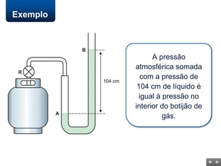 Comportamento da
pressão nos vasos
comunicantes
@FIS825
Exemplo
A pressão
atmosférica somada
com a pressão de
104 cm de líquido é
igual à pressão no
interior do botijão de
gás.
 