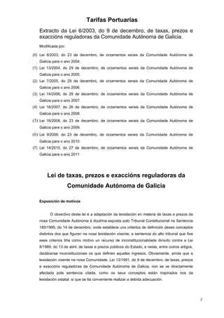 Tarifas Portuarias
   Extracto da Lei 6/2003, do 9 de decembro, de taxas, prezos e
   exaccións reguladoras da Comunidade Autónoma de Galicia.
   Modificada por:

(0) Lei 8/2003, do 23 de decembro, de orzamentos xerais da Comunidade Autónoma de
   Galicia para o ano 2004.
(1) Lei 13/2004, do 29 de decembro, de orzamentos xerais da Comunidade Autónoma de
   Galicia para o ano 2005.
(2) Lei 7/2005, do 29 de decembro, de orzamentos xerais da Comunidade Autónoma de
   Galicia para o ano 2006.
(3) Lei 14/2006, do 28 de decembro, de orzamentos xerais da Comunidade Autónoma de
   Galicia para o ano 2007.
(4) Lei 16/2007, do 26 de decembro, de orzamentos xerais da Comunidade Autónoma de
   Galicia para o ano 2008.
(5) Lei 16/2008, do 23 de decembro, de orzamentos xerais da Comunidade Autónoma de
   Galicia para o ano 2009.
(6) Lei 9/2009, do 23 de decembro, de orzamentos xerais da Comunidade Autónoma de
   Galicia para o ano 2010.
(7) Lei 14/2010, do 27 de decembro, de orzamentos xerais da Comunidade Autónoma de
   Galicia para o ano 2011




       Lei de taxas, prezos e exaccións reguladoras da
                     Comunidade Autónoma de Galicia

   Exposición de motivos


         O obxectivo desta lei é a adaptación da lexislación en materia de taxas e prezos da
   nosa Comunidade Autónoma á doutrina exposta polo Tribunal Constitucional na Sentencia
   185/1995, do 14 de decembro, onde establece uns criterios de definición deses conceptos
   distintos dos que figuran na nosa lexislación vixente; a sentencia do alto tribunal que fixa
   eses criterios tiña como motivo un recurso de inconstitucionalidade dirixido contra a Lei
   8/1989, do 13 de abril, de taxas e prezos públicos do Estado, e nesta, entre outros artigos,
   decláranse inconstitucionais os que definen aqueles ingresos. Obviamente, aínda que a
   lexislación vixente na nosa Comunidade, Lei 13/1991, do 9 de decembro, de taxas, prezos
   e exaccións reguladoras da Comunidade Autónoma de Galicia, non se ve directamente
   afectada pola sentencia citada, como os seus conceptos están inspirados nos da
   lexislación estatal, si que se fai conveniente realizar a debida adecuación.




                                                                                                  1
 