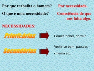 Por que trabalha o homem? Por necessidade.
O que é uma necessidade? Consciência de que
nos falta algo.
NECESSIDADES:
Comer, beber, dormir.
Vestir-se bem, passear,
cinema etc.
 