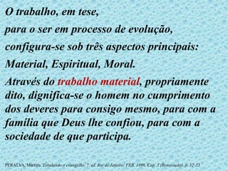 O trabalho, em tese,
para o ser em processo de evolução,
configura-se sob três aspectos principais:
Material, Espiritual, Moral.
Através do trabalho material, propriamente
dito, dignifica-se o homem no cumprimento
dos deveres para consigo mesmo, para com a
família que Deus lhe confiou, para com a
sociedade de que participa.
PERALVA, Martins. Estudando o evangelho. 7. ed. Rio de Janeiro: FEB, 1996. Cap. 3 (Renovação), p. 32-33
 