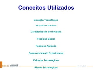 Inovação Tecnológica  (de produto e processo) Características de Inovação Pesquisa Básica Pesquisa Aplicada Desenvolvimento Experimental Esforços Tecnológicos Riscos Tecnológicos Conceitos Utilizados 
