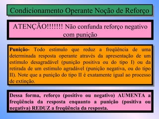 Condicionamento Operante Noção de Reforço
Condicionamento Operante Noção de Reforço
 ATENÇÃO!!!!!!! Não confunda reforço negativo
                         com punição

Punição- Todo estímulo que reduz aa freqüência de uma
 Punição- Todo estímulo que reduz              freqüência de uma
determinada resposta operante através da apresentação de um
 determinada resposta operante através da apresentação de um
estímulo desagradável (punição positiva ou do tipo I) ou da
 estímulo desagradável (punição positiva ou do tipo I) ou da
retirada de um estímulo agradável (punição negativa, ou do tipo
 retirada de um estímulo agradável (punição negativa, ou do tipo
II). Note que aa punição do tipo II éé exatamente igual ao processo
 II). Note que punição do tipo II exatamente igual ao processo
de extinção.
 de extinção.

Dessa forma, reforço (positivo ou negativo) AUMENTA a
freqüência da resposta enquanto a punição (positiva ou
negativa) REDUZ a freqüência da resposta.
 