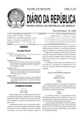 Nova Lei sobre o Investimento Privado Angola 14/15