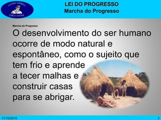 3
Marcha do Progresso
O desenvolvimento do ser humano
ocorre de modo natural e
espontâneo, como o sujeito que
tem frio e aprende
a tecer malhas e
construir casas
para se abrigar.
11/10/2015
LEI DO PROGRESSO
Marcha do Progresso
 