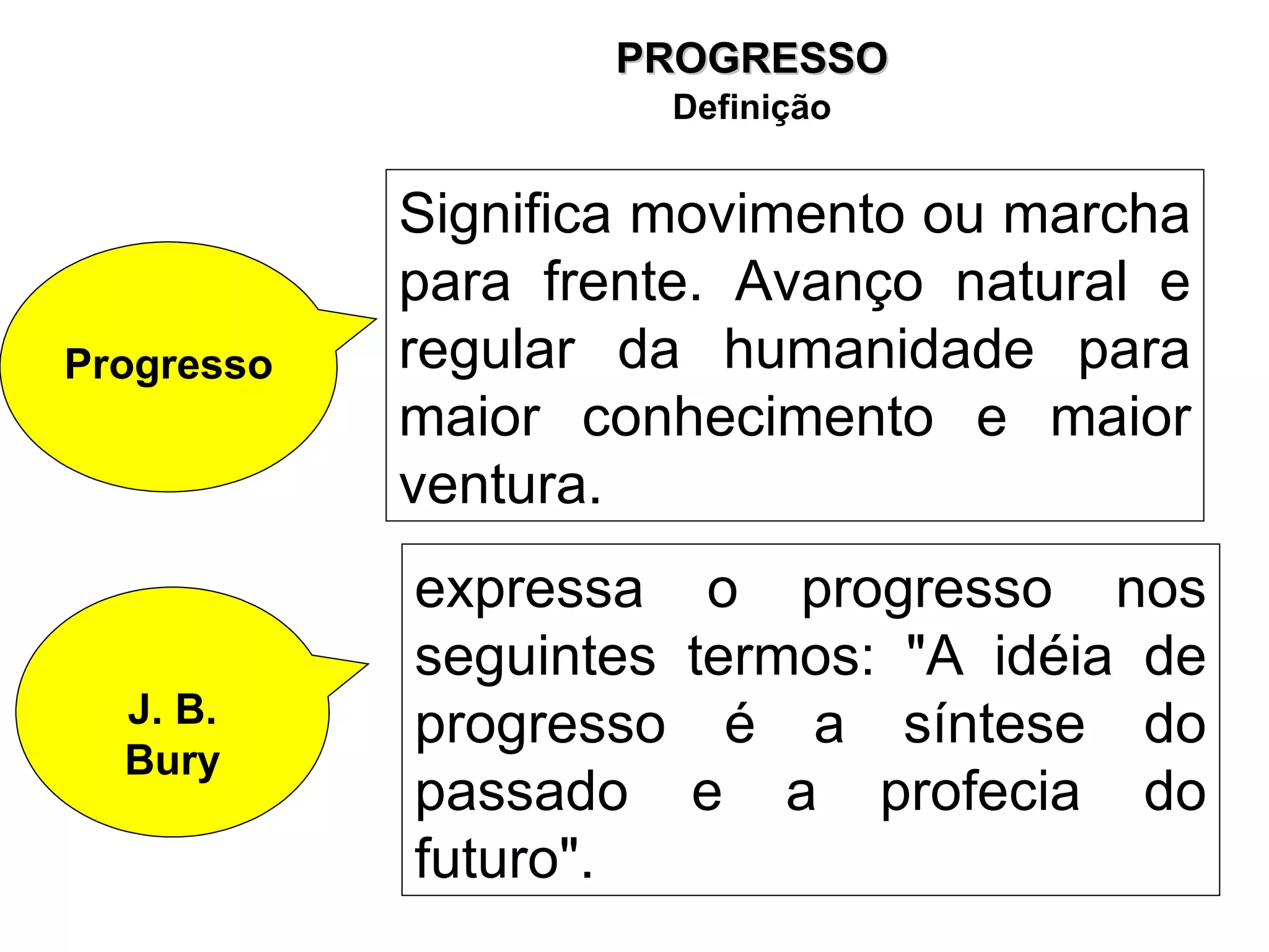 Significa movimento ou marcha para frente. Avanço natural e regular da humanidade para maior conhecimento e maior ventura.  Progresso J. B. Bury expressa o progresso nos seguintes termos: "A idéia de progresso é a síntese do passado e a profecia do futuro".  PROGRESSO Definição 