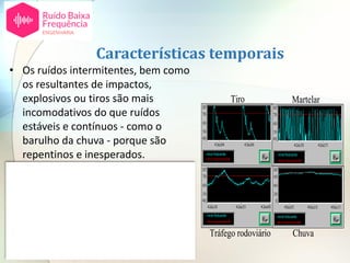 • Os ruídos intermitentes, bem como
os resultantes de impactos,
explosivos ou tiros são mais
incomodativos do que ruídos
estáveis e contínuos - como o
barulho da chuva - porque são
repentinos e inesperados.
• Estes tipos de ruídos podem mesmo
provocar uma reação reflexa de
susto, de sobressalto com efeitos
não só psicológicos, mas também
físicos. Entretanto o corpo só volta
ao seu estado prévio após alguns
minutos.
Características temporais
ChuvaTráfego rodoviário
MartelarTiro
ChuvaTráfego rodoviário
MartelarTiro
 
