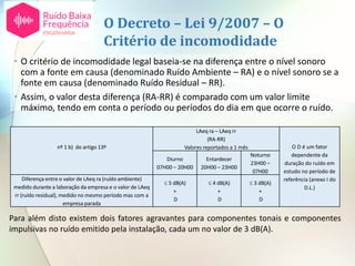 O Decreto – Lei 9/2007 – O
Critério de incomodidade
• O critério de incomodidade legal baseia-se na diferença entre o nível sonoro
com a fonte em causa (denominado Ruído Ambiente – RA) e o nível sonoro se a
fonte em causa (denominado Ruído Residual – RR).
• Assim, o valor desta diferença (RA-RR) é comparado com um valor limite
máximo, tendo em conta o período ou períodos do dia em que ocorre o ruído.
nº 1 b) do artigo 13º
LAeq ra – LAeq rr
(RA-RR)
Valores reportados a 1 mês O D é um fator
dependente da
duração do ruído em
estudo no período de
referência (anexo I do
D.L.)
Diurno
07H00 – 20H00
Entardecer
20H00 – 23H00
Noturno
23H00 –
07H00
Diferença entre o valor de LAeq ra (ruído ambiente)
medido durante a laboração da empresa e o valor de LAeq
rr (ruído residual), medido no mesmo período mas com a
empresa parada
 5 dB(A)
+
D
 4 dB(A)
+
D
 3 dB(A)
+
D
Para além disto existem dois fatores agravantes para componentes tonais e componentes
impulsivas no ruído emitido pela instalação, cada um no valor de 3 dB(A).
 