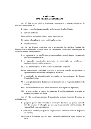 CAPÍTULO VI
                            DAS RECEITAS E DESPESAS

       Art. 67. São receitas públicas destinadas à manutenção e ao desenvolvimento da
educação as originárias de:
       I - taxas e contribuições consignadas no Orçamento Geral do Estado;
       II - repasses da União;
       III - transferências constitucionais e outras transferências;
       IV - salário-educação e de outras contribuições sociais;
       V - incentivos fiscais.
         Art. 68. As despesas realizadas para a consecução dos objetivos básicos das
instituições educacionais de todos os níveis são consideradas destinadas à manutenção e ao
desenvolvimento, compreendendo:
       I - a remuneração e o aperfeiçoamento continuado do pessoal docente e dos demais
           profissionais da educação;
       II - a aquisição, manutenção, construção e conservação de instalações e
            equipamentos necessários ao ensino;
       III - o uso e a manutenção de bens e serviços vinculados ao ensino;
       IV - os levantamentos estatísticos, estudos e as pesquisas, visando, precipuamente, o
            aprimoramento da qualidade e a expansão do ensino;
       V - a realização de atividades-meio necessárias ao funcionamento do Sistema
           Estadual de Ensino;
       VI - a aquisição de material didático-escolar e manutenção de programas de transporte
            escolar;
       VII - a concessão de bolsas de estudo a alunos de escolas públicas e privadas;
       VIII - a amortização e o custeio de operações de crédito destinadas a atender ao
           disposto nos incisos anteriores.
        Art. 69. Não constituem despesas de manutenção e desenvolvimento do ensino as
realizadas com:
       I - pesquisa, quando não vinculada às instituições de ensino ou quando efetivada
           fora dos sistemas de educação, que não vise, precipuamente, o aprimoramento de
           sua qualidade ou a sua expansão;
       II - subvenção a instituições públicas ou privadas de caráter assistencial, desportivo
            ou cultural;
       III - formação de quadros especiais para a Administração Pública, sejam militares ou
             civis;
 