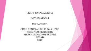 LEIDY JOHANA NEIRA
INFORMATICA I
Doc: LORENA
CEDE CENTRAL DE TUNJA UPTC
SEGUNDO SEMESTRE
MERCADEO AGROPECUARI
FESAD
2015
 