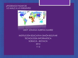 ¡¡PODEMOS PASAR DE
LO MALO A LO EXELENTE!!
LEIDY JOHANA HUERTAS SUAREZ
INSTITUCIÓN EDUCATIVA SIMÓN BOLÍVAR
TECNOLOGÍA INFORMÁTICA
SORACÁ – BOYACÁ
2014
11-2
 