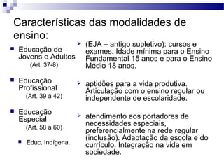 Características das modalidades de
ensino:
 Educação de
Jovens e Adultos
(Art. 37-8)
 Educação
Profissional
(Art. 39 a 42)
 Educação
Especial
(Art. 58 a 60)
 Educ. Indígena.
 (EJA – antigo supletivo): cursos e
exames. Idade mínima para o Ensino
Fundamental 15 anos e para o Ensino
Médio 18 anos.
 aptidões para a vida produtiva.
Articulação com o ensino regular ou
independente de escolaridade.
 atendimento aos portadores de
necessidades especiais,
preferencialmente na rede regular
(inclusão). Adaptação da escola e do
currículo. Integração na vida em
sociedade.
 