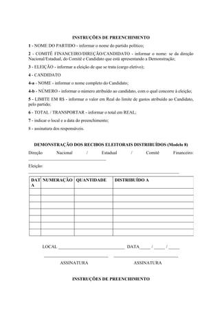 INSTRUÇÕES DE PREENCHIMENTO
1 - NOME DO PARTIDO - informar o nome do partido político;
2 - COMITÊ FINANCEIRO/DIREÇÃO/CANDIDATO - informar o nome: se da direção
Nacional/Estadual, do Comitê e Candidato que está apresentando a Demonstração;
3 - ELEIÇÃO - informar a eleição de que se trata (cargo eletivo);
4 - CANDIDATO
4-a - NOME - informar o nome completo do Candidato;
4-b - NÚMERO - informar o número atribuído ao candidato, com o qual concorre à eleição;
5 - LIMITE EM R$ - informar o valor em Real do limite de gastos atribuído ao Candidato,
pelo partido;
6 - TOTAL / TRANSPORTAR - informar o total em REAL;
7 - indicar o local e a data do preenchimento;
8 - assinatura dos responsáveis.


   DEMONSTRAÇÃO DOS RECIBOS ELEITORAIS DISTRIBUÍDOS (Modelo 8)
Direção      Nacional     /      Estadual                /          Comitê   Financeiro:
___________________________________
Eleição:
____________________________________________________________________

 DAT NUMERAÇÃO QUANTIDADE                        DISTRIBUÍDO A
 A




        LOCAL ______________________________ DATA_____ / _____ / _____
        _____________________________            _____________________________
                  ASSINATURA                                 ASSINATURA


                         INSTRUÇÕES DE PREENCHIMENTO
 