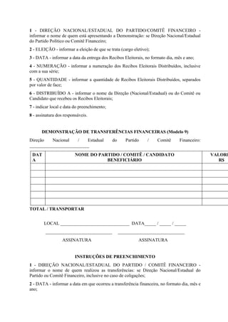 1 - DIREÇÃO NACIONAL/ESTADUAL DO PARTIDO/COMITÊ FINANCEIRO -
informar o nome de quem está apresentando a Demonstração: se Direção Nacional/Estadual
do Partido Político ou Comitê Financeiro;
2 - ELEIÇÃO - informar a eleição de que se trata (cargo eletivo);
3 - DATA - informar a data da entrega dos Recibos Eleitorais, no formato dia, mês e ano;
4 - NUMERAÇÃO - informar a numeração dos Recibos Eleitorais Distribuídos, inclusive
com a sua série;
5 - QUANTIDADE - informar a quantidade de Recibos Eleitorais Distribuídos, separados
por valor de face;
6 - DISTRIBUÍDO A - informar o nome da Direção (Nacional/Estadual) ou do Comitê ou
Candidato que recebeu os Recibos Eleitorais;
7 - indicar local e data do preenchimento;
8 - assinatura dos responsáveis.


      DEMONSTRAÇÃO DE TRANSFERÊNCIAS FINANCEIRAS (Modelo 9)
Direção   Nacional   /   Estadual            do      Partido   /    Comitê      Financeiro:
__________________________

 DAT                     NOME DO PARTIDO / COMITÊ / CANDIDATO                                 VALORE
 A                                  BENEFICIÁRIO                                                 R$




TOTAL / TRANSPORTAR


        LOCAL ______________________________ DATA_____ / _____ / _____
        _____________________________             _____________________________
                  ASSINATURA                               ASSINATURA


                         INSTRUÇÕES DE PREENCHIMENTO
1 - DIREÇÃO NACIONAL/ESTADUAL DO PARTIDO / COMITÊ FINANCEIRO -
informar o nome de quem realizou as transferências: se Direção Nacional/Estadual do
Partido ou Comitê Financeiro, inclusive no caso de coligações;
2 - DATA - informar a data em que ocorreu a transferência financeira, no formato dia, mês e
ano;
 
