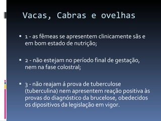 Vacas, Cabras e ovelhas  1 - as fêmeas se apresentem clinicamente sãs e em bom estado de nutrição; 2 - não estejam no período final de gestação, nem na fase colostral; 3 - não reajam á prova de tuberculose (tuberculina) nem apresentem reação positiva às provas do diagnóstico da brucelose, obedecidos os dipositivos da legislação em vigor. 
