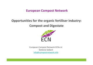 European Compost Network
Opportunities for the organic fertiliser industry:
Compost and Digestate
European Compost Network ECN e.V.
Stefanie Siebert
info@compostnetwork.info
 